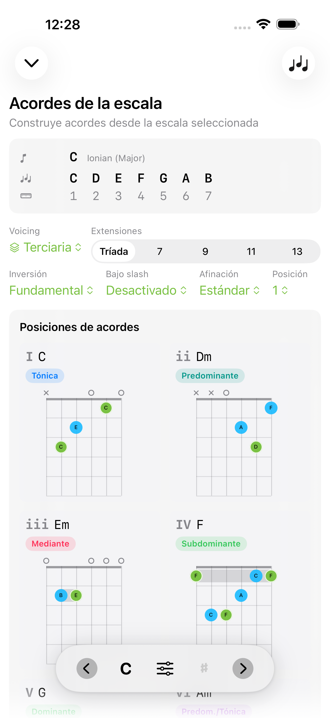 Pantalla de acordes de la escala en iPhone